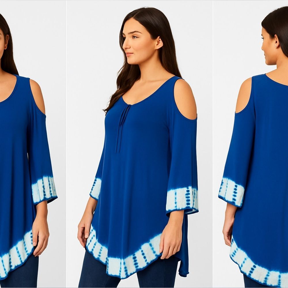 Lucky & Coco Blue Tie Dye Scoop Neck Tunic Women's Sz Large Long Sleeve Neck Tie